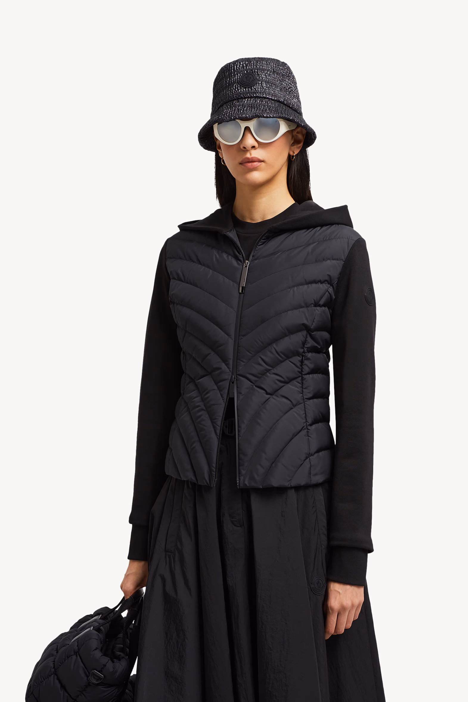 Cárdigan con capucha y cremallera de algodón con acolchado diagonal Mujer Negro Moncler 0